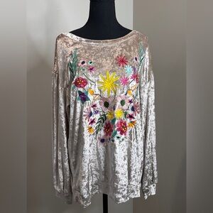 Kori Velvet Blouse with Colorful Floral Embroidery size Large Boutique Style
